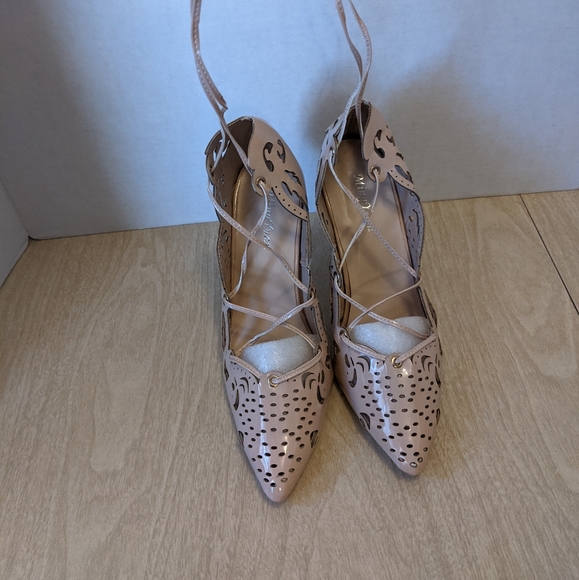 Nude Patent Laser Cut Lace Up Ankle Wrap Heels 8 - Picture 5 of 13